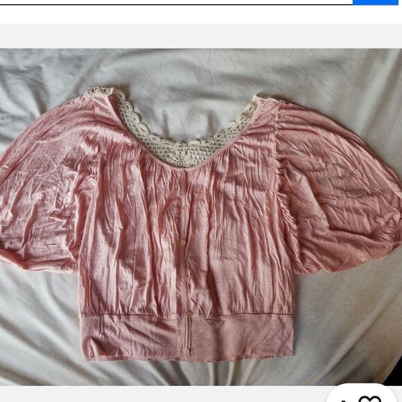 Anthropologie Love Notes Pink Puff Sleeve Cropped Blouse - Picture 2 of 5